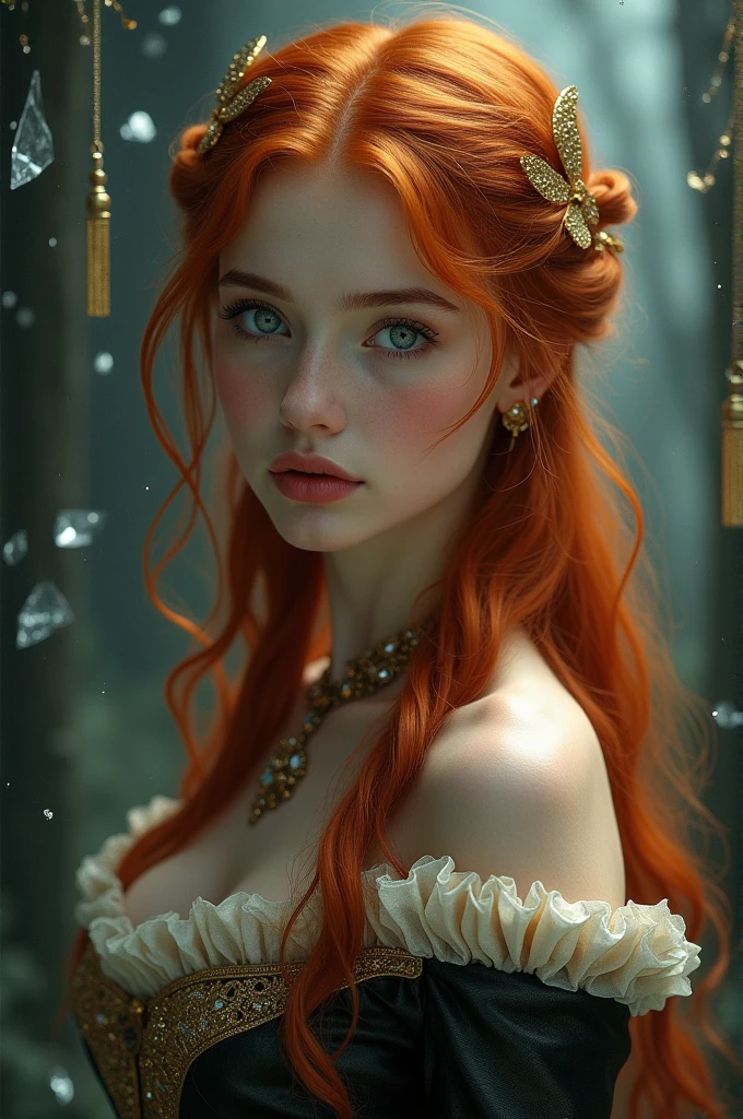 (solo, full body photo:1.3), (action packed:1.3), (haze, fog, mist:1.3), chiaroscuro, best quality, photorealistic, 1woman, (cute), (24yo:1.2), redhead, long ginger hair highly detailed, 1700'S, digital photography, art by artgerm and ruan jia and greg rutkowski surreal painting gold butterfly filigree, broken glass, (masterpiece, sidelighting, finely detailed Fashionable eyes: 1.2) (perfect oval large eyes that gazes at the viewer), beautiful detailed face, blue gorgeous perfect eyes, (blonde hair ponytail), (attractive young woman:1.3), (thick amazing hair), (seductive:1.1), (blushing:1.1)