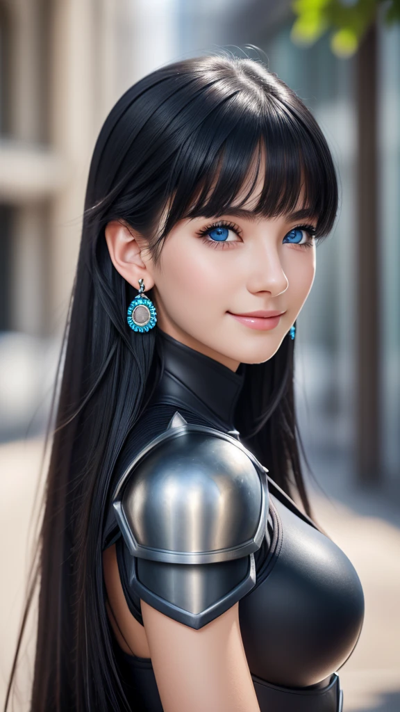 1girl, armor, black_hair, blurry, blurry_background, blurry_foreground, breasts, blue_eyes, closed_mouth, depth_of_field, earrings, jewelry, long_hair, looking_at_viewer, smile, solo, upper_body