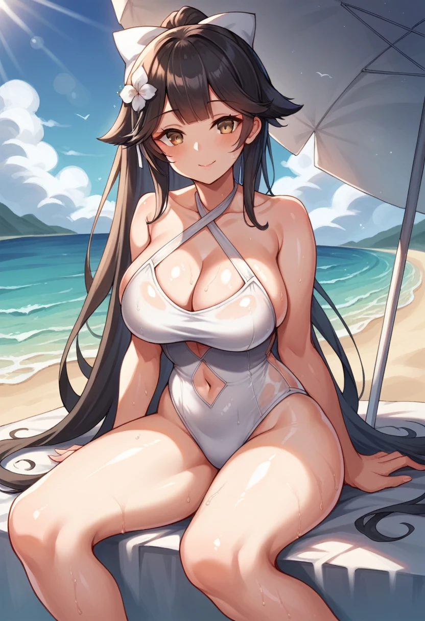 takao (azur lane), 1girl, solo, long hair, breasts, looking at viewer, blush, smile, bangs, large breasts, black hair, hair ornament, bow, navel, cleavage, bare shoulders, brown eyes, sitting, closed mouth, collarbone, swimsuit, ponytail, flower, hair bow, thighs, outdoors, sky, day, shiny, cloud, hair flower, water, blue sky, wet, one-piece swimsuit, shiny skin, clothing cutout, ocean, halterneck, umbrella, beach, sunlight, white bow, hair flaps, sand, white one-piece swimsuit, criss-cross halter, navel cutout, casual one-piece swimsuit, beach umbrella