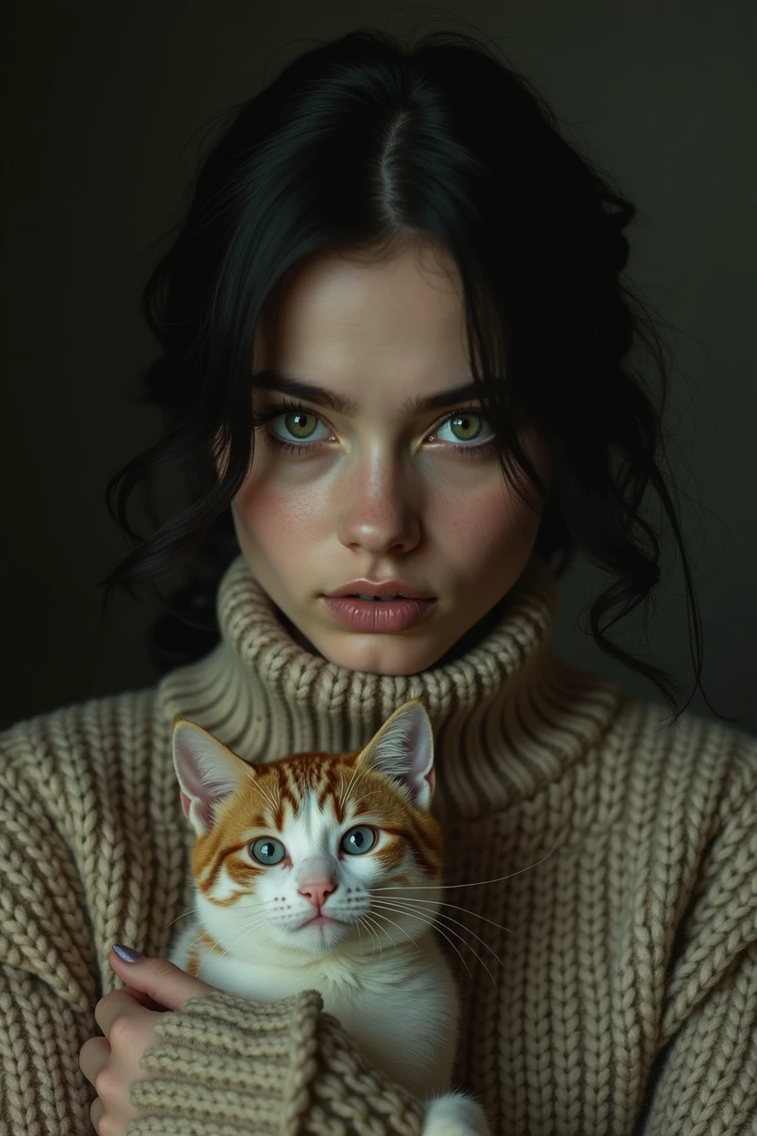 by Arturo Souto, by Brad Kunkle and wlop in the style of Daniel Merriam, cute 18 year old woman and her pet cat, digital painting, pale skin,highly detailed face,black hair, seducing facial expression,wearing a cozy sweater, 1950s,dark background,warm colors, RAW candid cinema,16mm,color graded portra 400 film,remarkable color,ultra realistic,, captured on a (Nikon D850)defiant facial expression