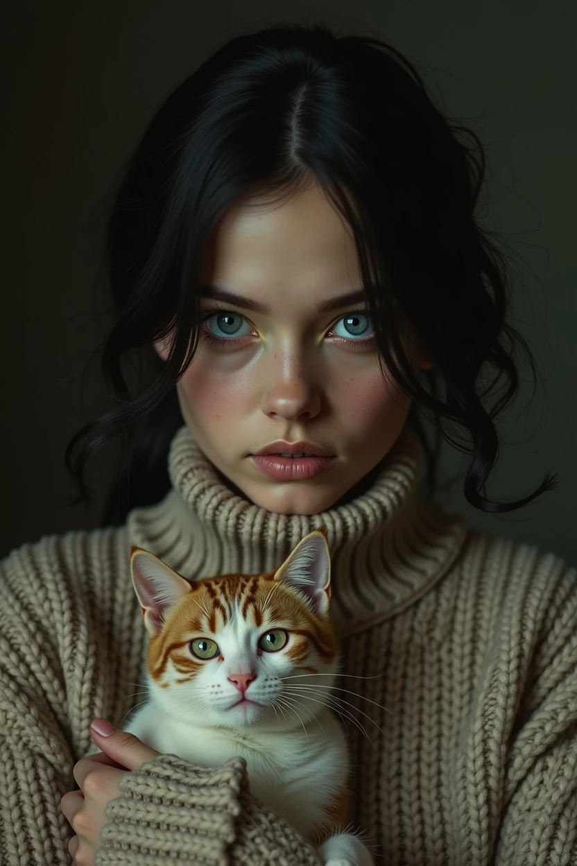 by Arturo Souto, by Brad Kunkle and wlop in the style of Daniel Merriam, cute 18 year old woman and her pet cat, digital painting, pale skin,highly detailed face,black hair, seducing facial expression,wearing a cozy sweater, 1950s,dark background,warm colors, RAW candid cinema,16mm,color graded portra 400 film,remarkable color,ultra realistic,, captured on a (Nikon D850)defiant facial expression