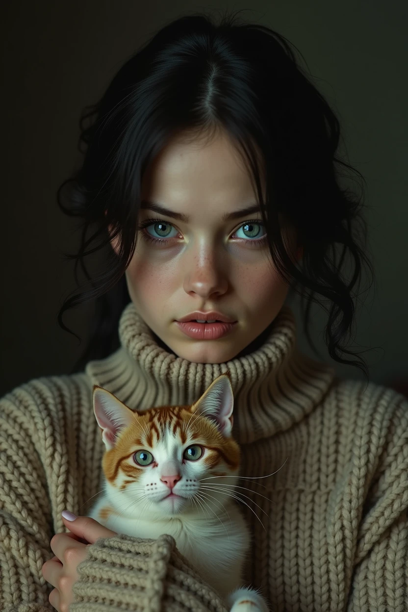by Arturo Souto, by Brad Kunkle and wlop in the style of Daniel Merriam, cute 18 year old woman and her pet cat, digital painting, pale skin,highly detailed face,black hair, seducing facial expression,wearing a cozy sweater, 1950s,dark background,warm colors, RAW candid cinema,16mm,color graded portra 400 film,remarkable color,ultra realistic,, captured on a (Nikon D850)defiant facial expression