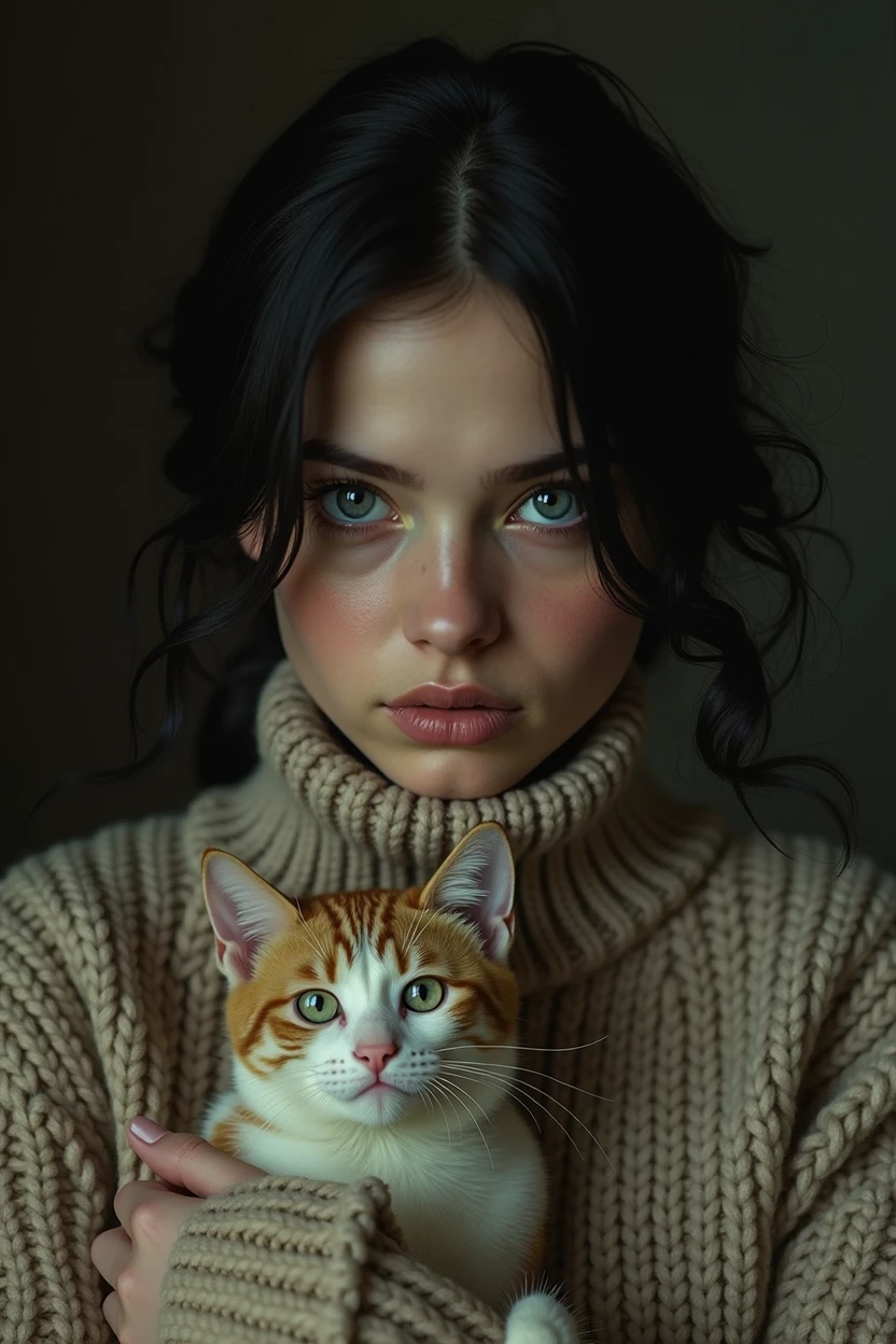by Arturo Souto, by Brad Kunkle and wlop in the style of Daniel Merriam, cute 18 year old woman and her pet cat, digital painting, pale skin,highly detailed face,black hair, seducing facial expression,wearing a cozy sweater, 1950s,dark background,warm colors, RAW candid cinema,16mm,color graded portra 400 film,remarkable color,ultra realistic,, captured on a (Nikon D850)defiant facial expression