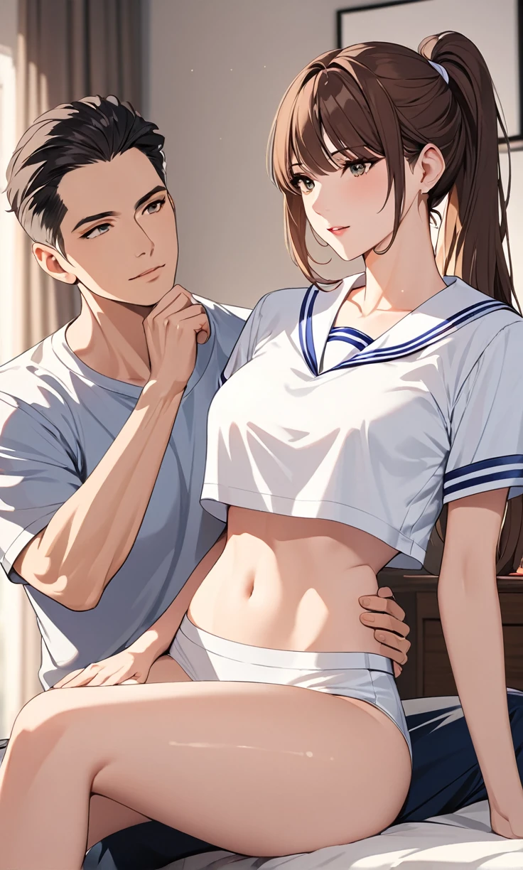 Highest quality　masterpiece　High resolution　masterpiece　a man together with a mature woman are sitting in the bedroom,The adult woman is wearing a crop top sailor uniform and men wear t-shirts and not crop top, The woman wears a high ponytail and brown hair The woman was very beautiful and sexy,and the woman sits on a man's thigh