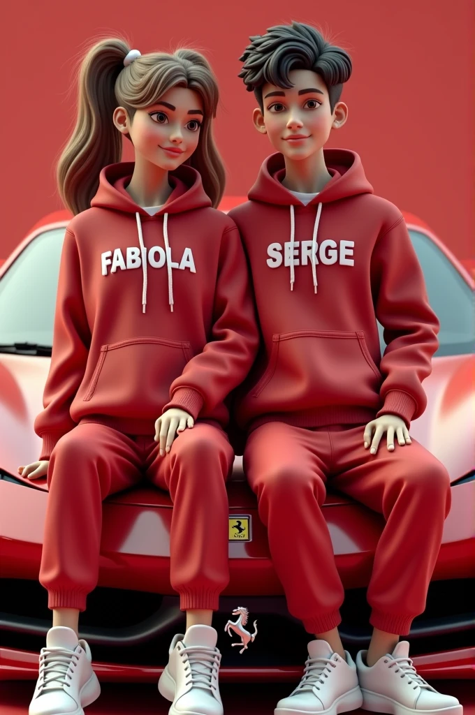 Image 3D d'une jeune dame et d'un jeune homme vesti en ensemble jogging assis sur une Ferrari et écrit respectivement sur leurs pulls "FABIOLA" & "SERGE"