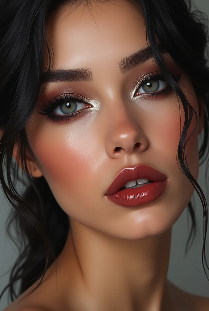  hyperrealistic detailed Latina woman with makeup, mermaid eyes, subtle shimmer in the center of the eyelids, bold eyeliner, smoky eyes and wine red lips