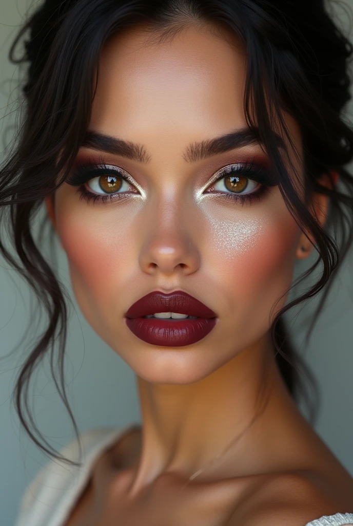 hyperrealistic detailed Latina woman with makeup, mermaid eyes, subtle shimmer in the center of the eyelids, bold eyeliner, smoky eyes and wine red lips