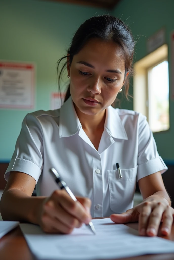 Community nurse in a rural area wearing a white uniform and navy blue pants filling out vaccination forms
