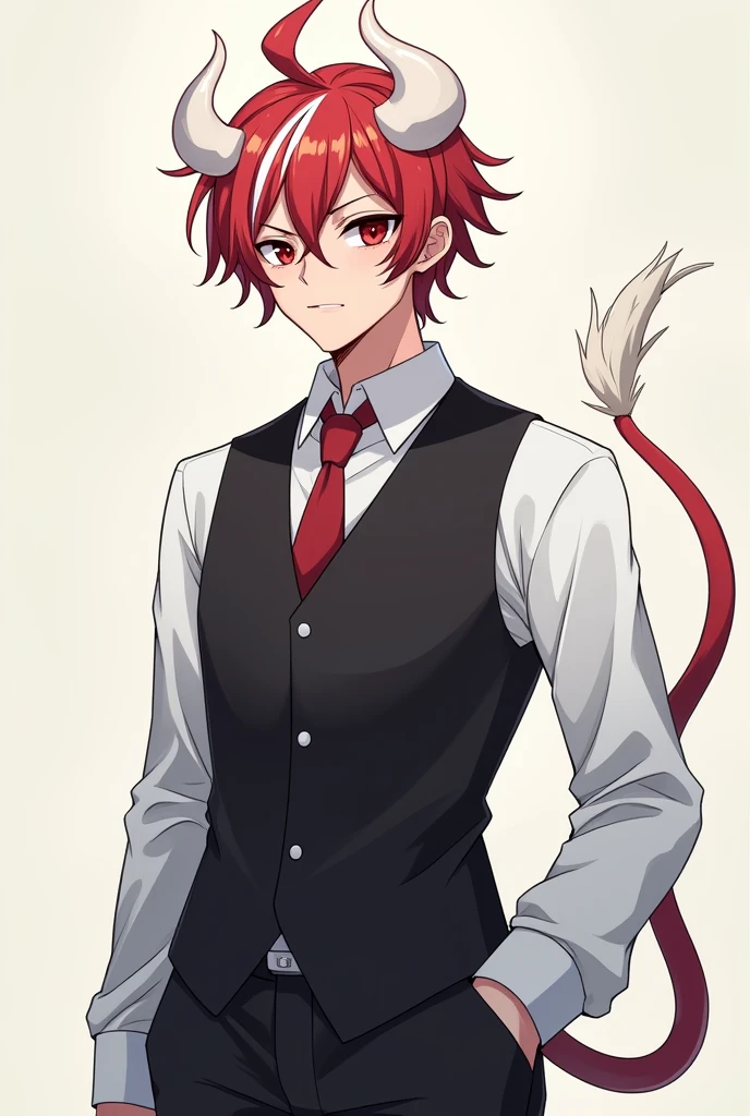 Make it in anime style A tall man with small white demon horns and white demon tail, white waiter social clothes, light red and white hair with white highlights, He has eyes of different colors, one eye is red and his other eye is completely black
