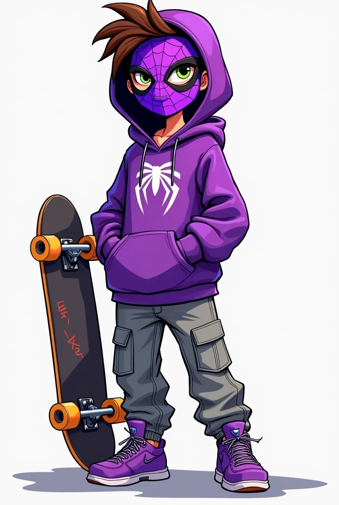 cartoon drawing with a purple spiderman mask, purple hoodie and loose gray pants, with purple shoes and skateboard