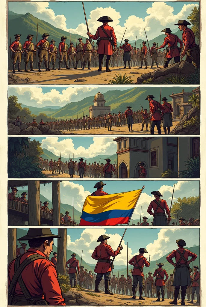 Create a comic strip that I can draw which includes all the rules of the comic strip but that the comic strip looks like Colombia in the fight for freedom against the Spanish
