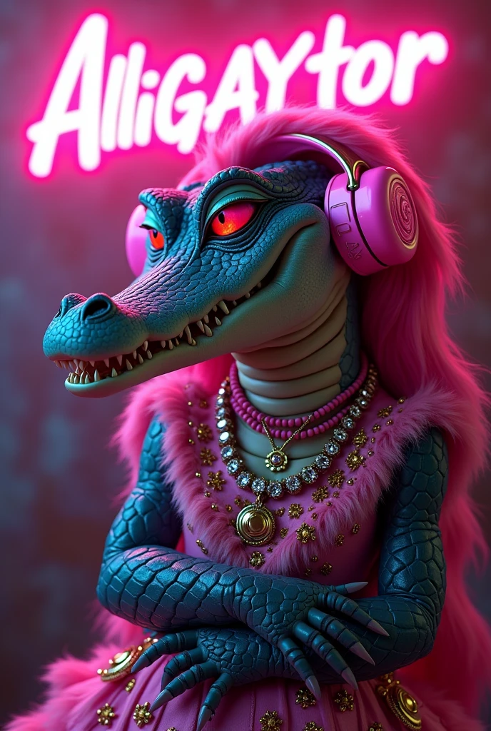 An adult alligator character, Horizontal,drag Queen from the interior of Minas Gerais ...dressed in flashy peasant clothes,very large gamer headphones in Neon ,large neon earrings matching the headphones .. full lips with lip filler and lots of makeup . Large gel nails ,very eye-catching ,all matching the LGBT flag. Long pink wigs....3D cartoon character , with a diamond necklace,
with the neon pink logo 'AlliGAYtor' in the foreground