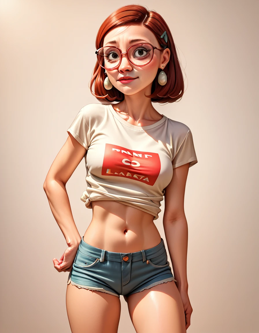 Rio Linda, glasses, red hair, whole body, ssmile, 1 girl, shirt blue, breasts marking blouse, looking at the spectator, short jeans, coxas nuas, standing, pose, 正面, best qualityer