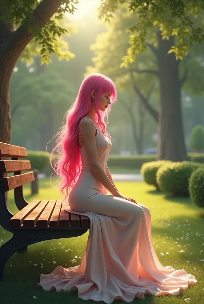 A woman in a dress with pink hair is sitting on a bench in the park.. realistically