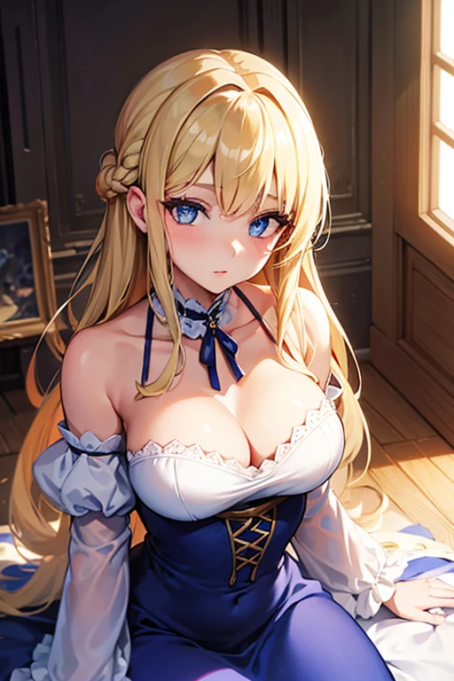 best qualityer, work of art,  young woman, with peasant style dress, necklines, hair blonde, blue eyes looking at the viewer 