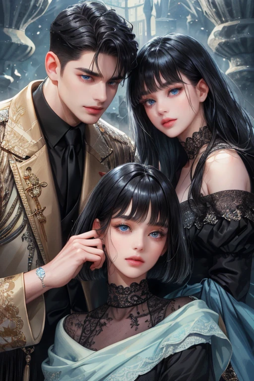 (absurdly , high quality , masterpiece , ultra detailed), ( detailed to hand ) (detailed to eyes) (detailed to face) , couples, 1 man (short black Quiff hair with Soft Fringe, bangs part on side 3:7 ratio) and 1 woman (short black hair with fringe) love ,pretty eyes (blue eyes) , black hair, fantasy, castle background, (close-up)