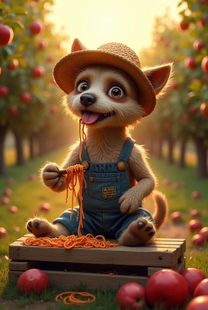 "A skinny, scruffy dog with a dirty coat is sitting on a wooden crate in an apple farm, eating a bowl of spicy noodles. The dog is dressed as a farmer, wearing a worn-out straw hat and small overalls that are slightly too big for its thin frame. Its eyes are wide and watery from the spiciness as it slurps up the noodles, with its tongue hanging out as it tries to cool down. The dog’s fur is unkempt, with patches of dirt clinging to it, and some noodles are messily scattered around its paws. The scene is set among rows of apple trees, with the sun beginning to set, casting a warm, golden light over this funny yet touching moment on the farm."