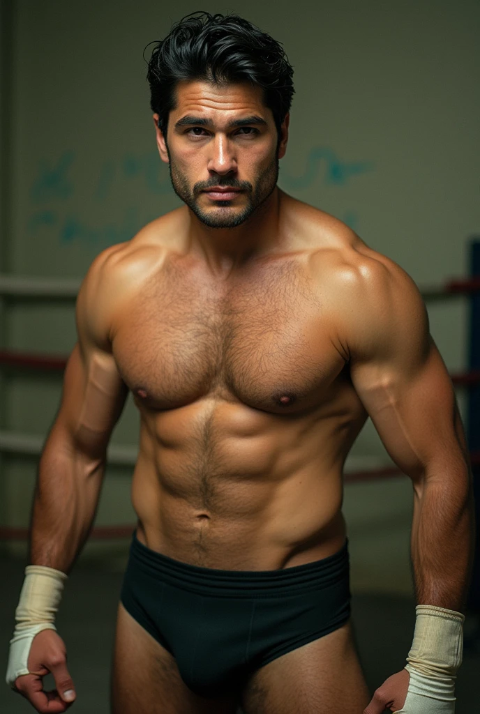 analog film photo, photo of a street fighter, 25 years old, male, brown eyes, short dark curls, tan complexion, soft facial features, medium height, broad shoulders, stocky physique, slightly chubby, lots of body hair, wearing hand tape and trunks, sweaty skin, damp clothes, resembles Dean Cain, RAW Photograph, dslr, soft lighting, high quality, film grain, Fujifilm XT3, detailed skin with visible pores, insane details, masterpiece, 8k, 35mm photograph, dslr, kodachrome, faded film, desaturated, grainy, vintage, Lomography, stained, highly detailed, found footage, full-body shot
