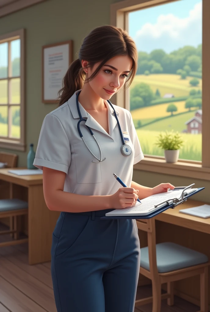 Community nurse in a rural area wearing a white uniform and navy blue pants filling out vaccination forms