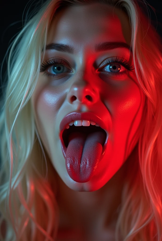 Blonde model Sexy and seductive face Saliva a lot of on the tongue falling laughing neon eyes bitch