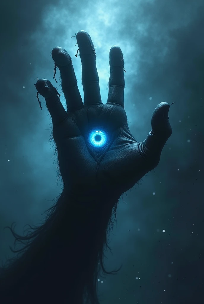 Terrifying space monster in the shape of a hand. It is giant and floats through space. It is black.. It has a large eye in the palm, blue in color and with a piercing gaze. The fingers are long and twisted, looking up. It has no wrist or any other part of the arm. only the hand
