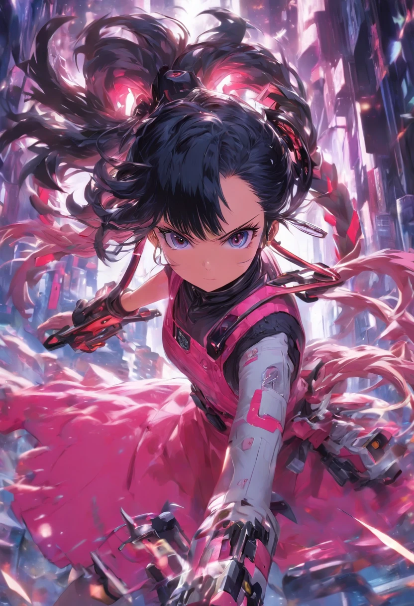 Pink and white dress、Long twin tails with black hair、Carrying a fantastical pink circular saw blade、 night、woman、Small breasts、Highest quality、Highest quality