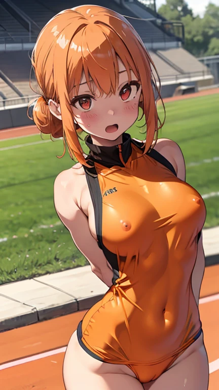 mastute piece,Best Quality,insanely detailed,8k cg,nsfw,
(shoot upper body:1.3),
(1girls:1.3),standing,looking at viewr,body in front,(arms behind back:1.4),(runner uniform:1.3,separate),(bare breasts:1.2),(bare nipples:1.2),
break,
blush,shy,(ecstasy face),(trembling:1.2),break,(light orange hair:1.3),
break,
perfect breasts,perfect teats,(open mouth:0.9),(large breasts:1.2),
(track field),
