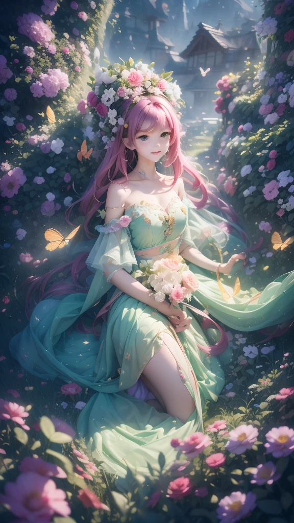 1girl, solo, full body, (masterpiece:1.21), (best quality:1.2), colorful, (illustration:1.2), (cinematic lighting:1.1), (bare shoulders:1.21), (collarbone:1.21) in this whimsical A beautiful and dreamlike garden, the scene is illuminated by a rainbow (colorful fireflies) dancing in the air. Pastel (drizzle) adorns the garden, creating a hazy and ethereal atmosphere. In the center of the picture, stands a single girl, an extremely beautiful girl, with lovely facial features and an innocent expression. Her long hair fluttered in the wind. She wore a low-cut strapless dress that accentuated her curves. The lighting is very delicate and beautiful, creating a soft warm glow that accentuates the water and makes it sparkle like a diamond. The finest grasses are also illuminated to create a lush carpet. The garden is surrounded by colorful flower fields with flowers of all colors and shapes. Various colors and sizes (coloured butterflies) can be seen flying around the scene, adding to the overall sense of wonder and magic. (Everyone, judges), a blush can be seen on the bridge of the nose, and the mouth is slightly opened, which adds to the overall sense of innocence and youth. Falling petals can be seen waving around her, adding to the overall sense of romance and beauty. The breeze is blowing, the leaves are rustling, and the flowers are swaying, adding to the overall dynamism and vitality. It is a scene of pure wonder and magic, full of color and beauty, where the viewer can lose themselves in this enchanting and captivating world.
