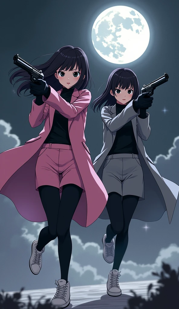 (The first young women black eyes wear a pink long coat, black shirt, pink pencil skirt, black underpants, black tights, black gloves, white sneakers high top.
The second young women black eyes wore a grey long coat, black shirt, grey pencil skirt, black underpants, black tights, black gloves, white sneakers high top.
holding a pistol handguns, running, shooting, black grey sky, fantastic night sky, moon, cartoon anime, 4K, HD