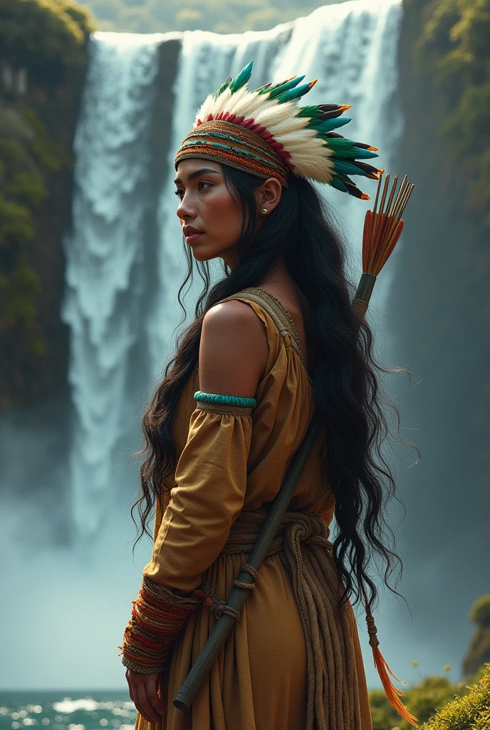 American Indian woman, Trajan wears indigenous clothing, sweating a headdress with green and blue feathers, long hair, gentle features, on the edge of a waterfall, with a bow and arrow on his back