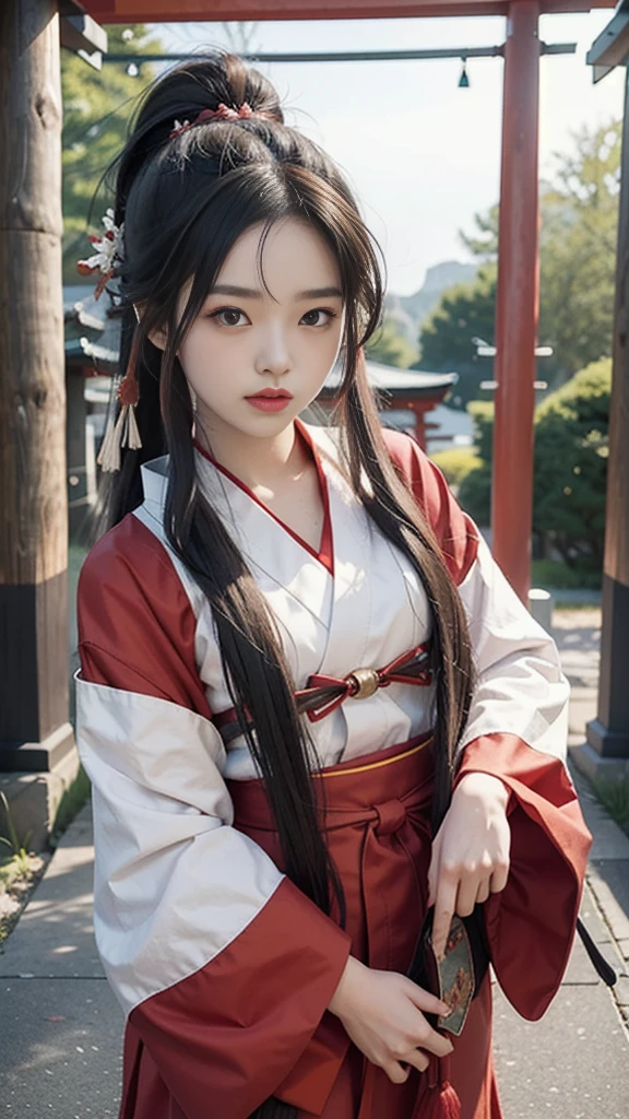 Create a 16-year-old Japanese girl who is the cutest in the world. She should be a mysterious shrine maiden with long black hair styled in a ponytail. The background should feature a beautiful red torii gate at a shrine. She should exude an aura of magical power. The shrine maiden's outfit should be designed with a fantasy, magical theme