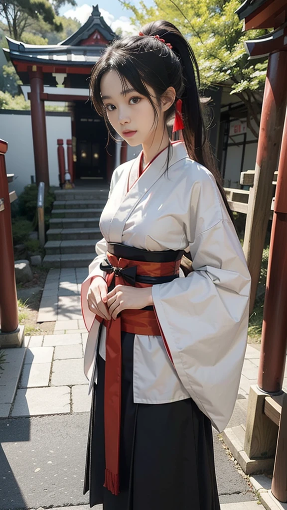 Create a Japanese girl who is the cutest in the world. She should be a mysterious shrine maiden with long black hair styled in a ponytail. The background should feature a beautiful red torii gate at a shrine. She should exude an aura of magical power. The shrine maiden's outfit should be designed with a fantasy, magical theme