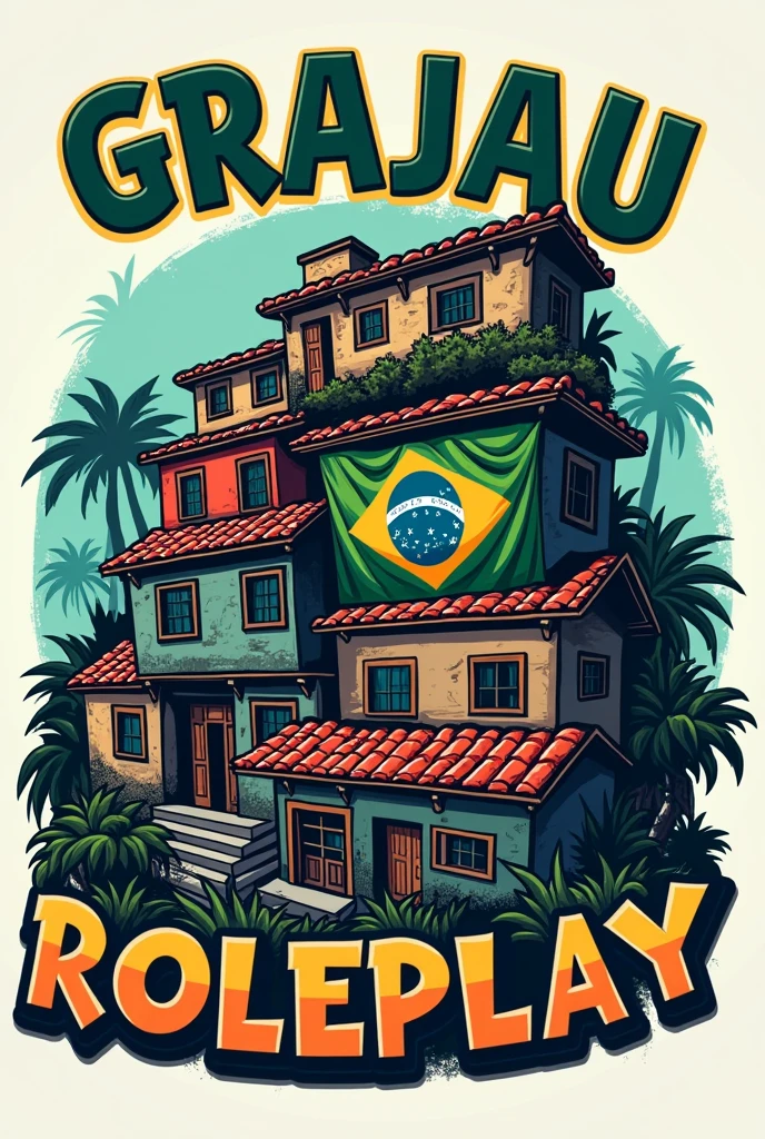 Create a GTA logo with the name "Grajau Roleplay" with an image of a favela and the house has a Brazilian flag. Replace the name GTA with "Grajau Roleplay". Replace the building with a favela and the image should be a vector Replace the buildings with a favela in Brazil