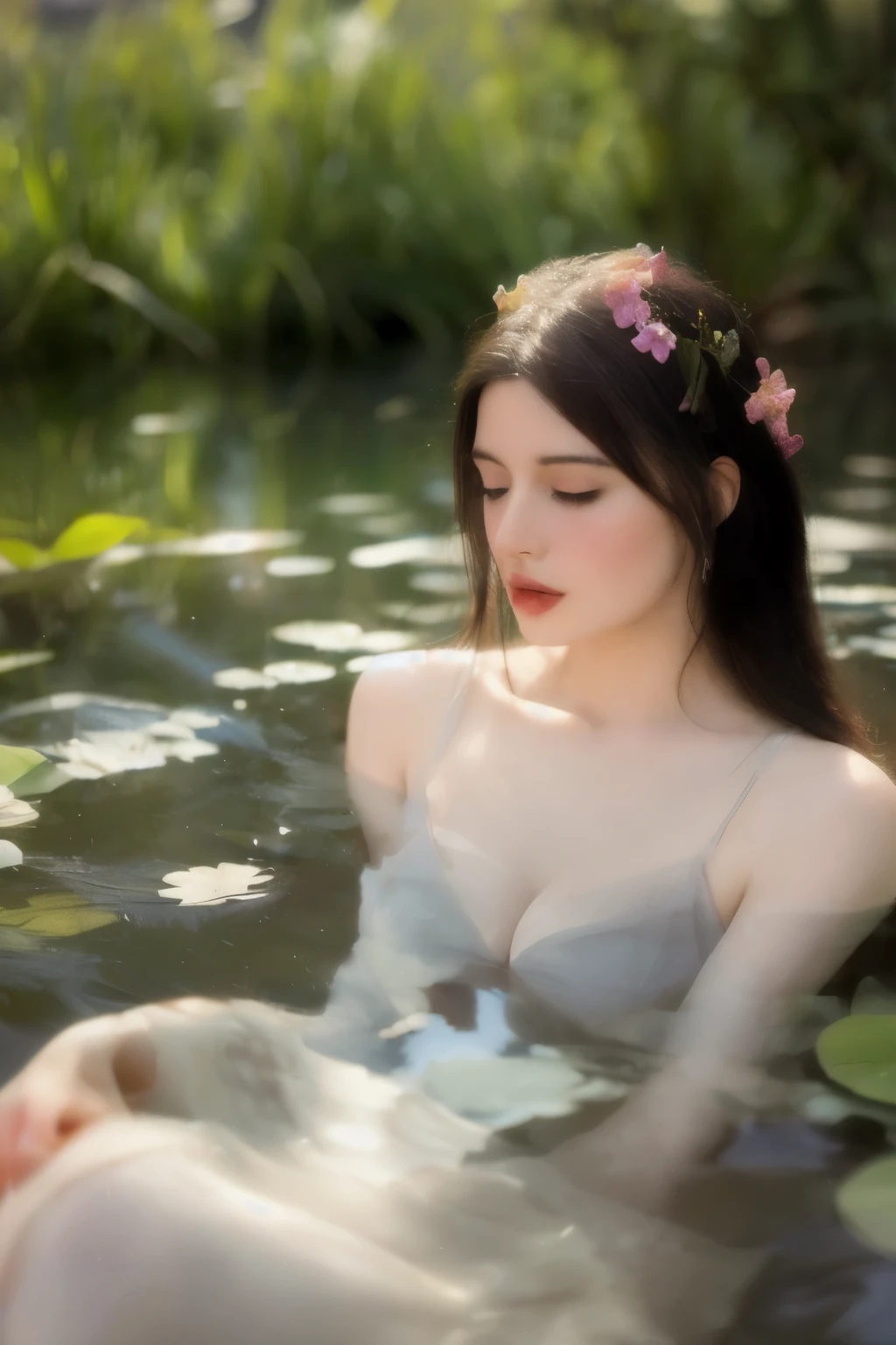 Beautiful woman floating in water, depicted in an ethereal illustration in the style of Anna Dittman. She is surrounded by delicate flowers and leaves, with the scene bathed in sepia tones and accented by muted reds and yellows. The image exudes elegance and modern fantasy, featuring airbrush textures and clean lines, all rendered in high resolution.