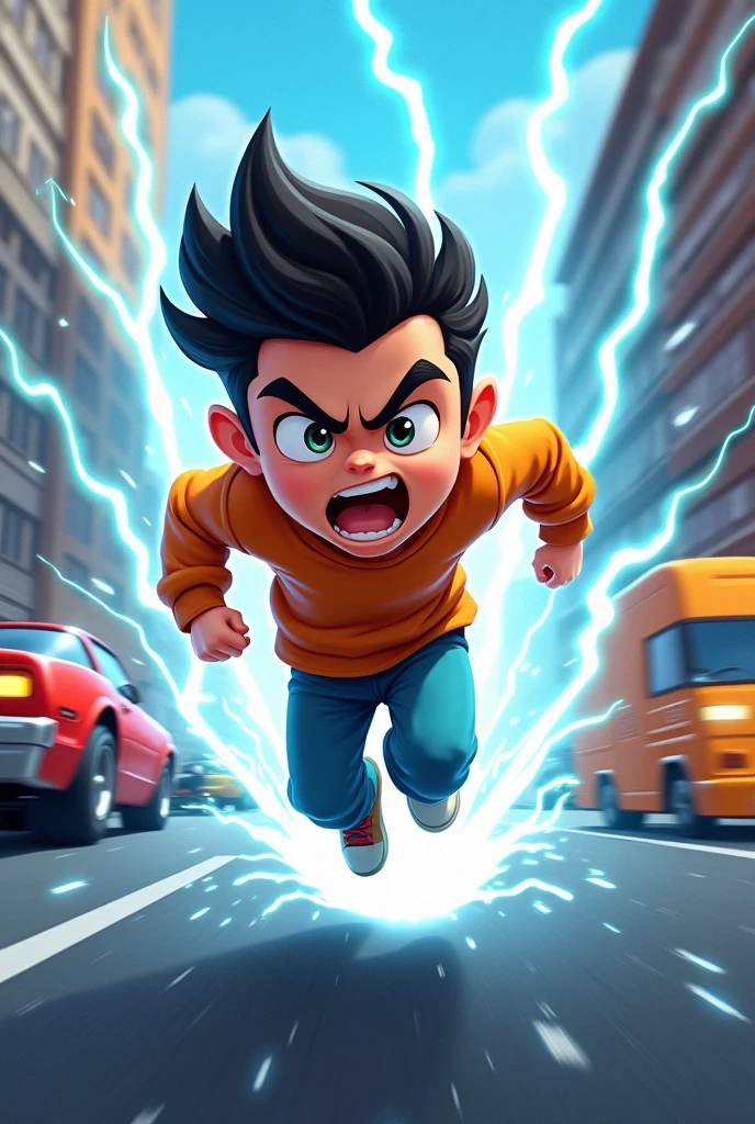 Cartoon of Cute energetic angry young boy, running on very high speed around the streets leaving vehicles behind him, blue and white electricity flowing around him.