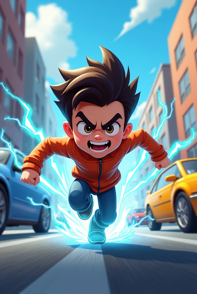 Cartoon of Cute energetic angry young boy, running on very high speed around the streets leaving vehicles behind him, blue and white electricity flowing around him.