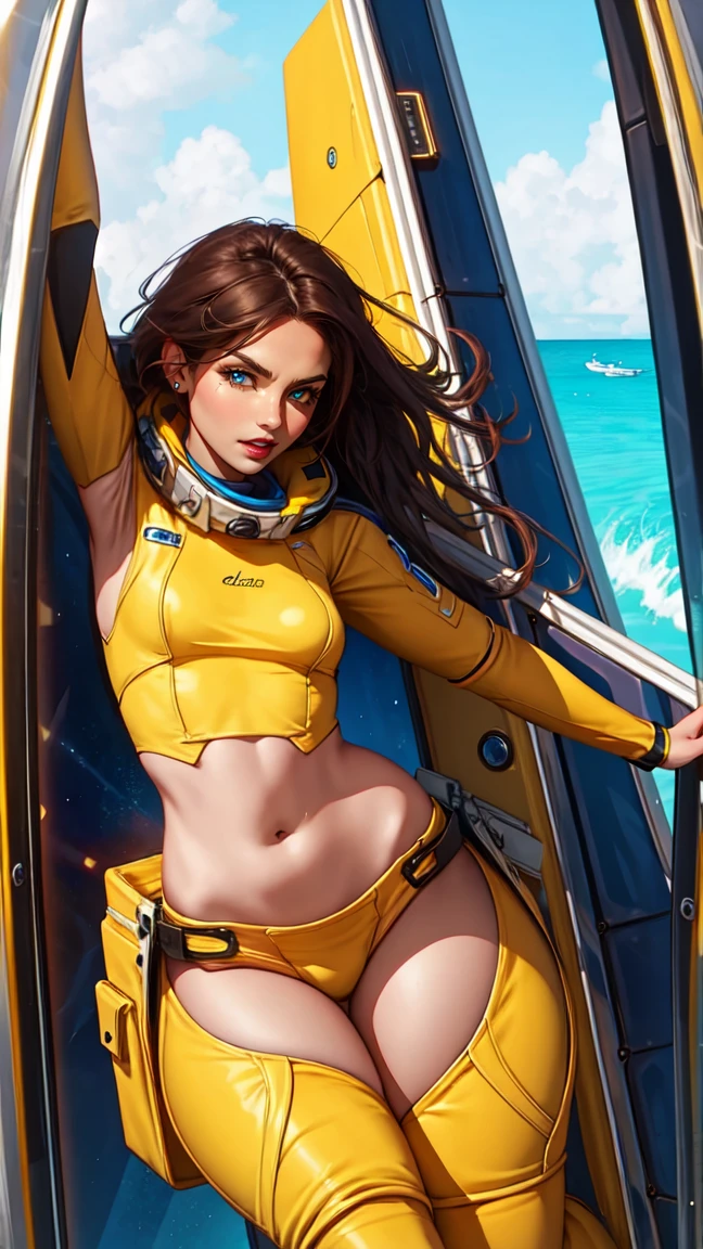 ((best quality)), (masterpiece)), (detail: 1.4), 3d, Ridiculous resolution, high resolution, (masterpiece: 1.4), Extremely detailed, Beauty 1 person, future派女性形象, Shiny Brown Hair, Beautiful brown eyes, Pretty Face, 20 years old, spaceship, floating, small, Space suit, spaceship, window, future, Dynamic poses, Change clothes