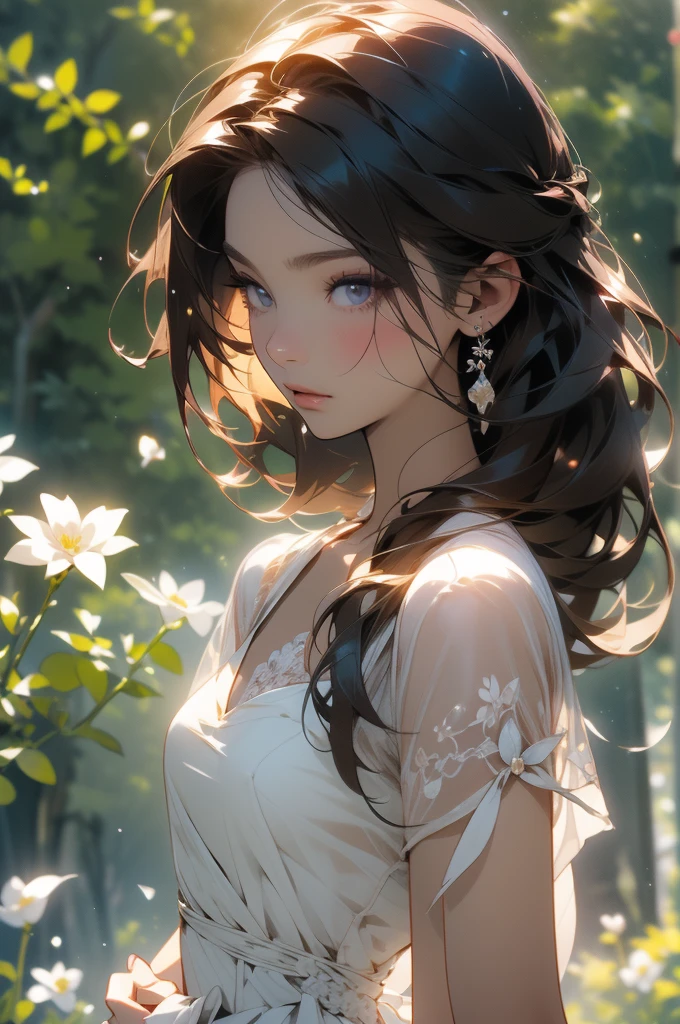 Highest quality, masterpiece, alone, 1 female、Age 25、Small breasts、(Cleavage)、(Slim figure)、sheer white dress、From the side、Poses that accentuate the chest、(White highlight in pupil:1.2)、Dark reddish brown eyes、(Black-haired:1.2)、(Medium Hair)、(View your audience:1.2)、White skin、(blush)、(Embarrassed look)、(Blur the background to make the woman stand out.:1.3)、(The sunlight shines in)、Half Backlight、(Beautiful flowers in the background)、The wind is blowing