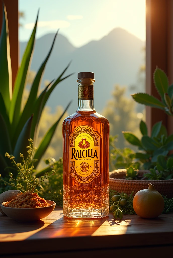 (photorealism:1.2), Una botella de Raicilla rodeada de agaves, con un fondo que represente las montañas de Jalisco. soft lighting, plants in background, window with sunlight, cozy room, relaxed pose, realistic, intricate details, warm colors, by Greg Rutkowski, by Alphonse Mucha
