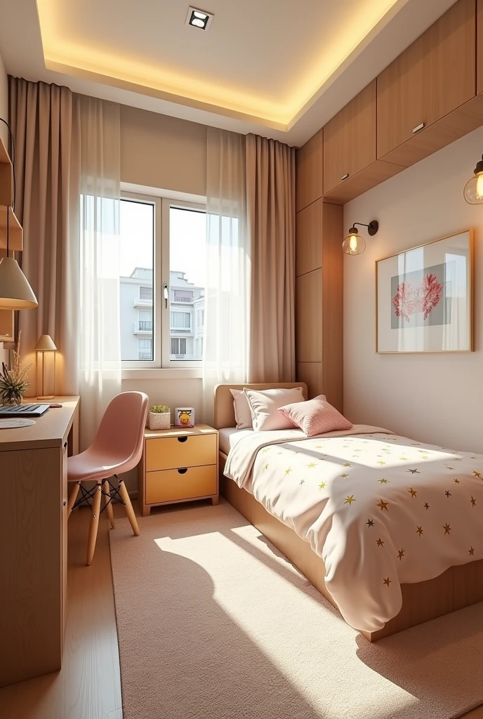 Designing a modern, spacious bedroom, bathed in hues of warm, contemporary beige, occupying space of 5 meters by 7 meters, reaching a height of 3 meters high. Envisioned in a style that is visually appealing for a 16-year-old girl , study materials organized neatly, a bed with starry-night-themed bedcovers, a dresser with fun-colored drawers assembles right, appealing Realista,cinematic, 8k 