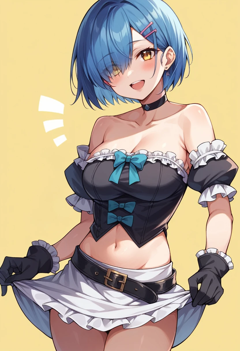 1girl, solo, breasts, looking at viewer, blush, smile, short hair, open mouth, bangs, skirt, simple background, shirt, hair ornament, gloves, bow, navel, bare shoulders, jewelry, medium breasts, underwear, blue hair, collarbone, yellow eyes, short sleeves, :d, cowboy shot, earrings, frills, detached sleeves, teeth, choker, black gloves, hairclip, puffy sleeves, belt, clothes lift, mole, hair over one eye, puffy short sleeves, black shirt, strapless, upper teeth only, black choker, skirt lift, white skirt, lifted by self, frilled sleeves, yellow background, black belt