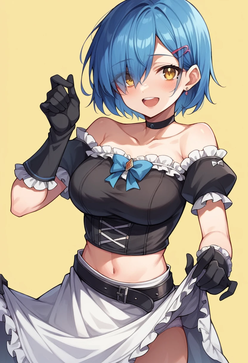 1girl, solo, breasts, looking at viewer, blush, smile, short hair, open mouth, bangs, skirt, simple background, shirt, hair ornament, gloves, bow, navel, bare shoulders, jewelry, medium breasts, underwear, blue hair, collarbone, yellow eyes, short sleeves, :d, cowboy shot, earrings, frills, detached sleeves, teeth, choker, black gloves, hairclip, puffy sleeves, belt, clothes lift, mole, hair over one eye, puffy short sleeves, black shirt, strapless, upper teeth only, black choker, skirt lift, white skirt, lifted by self, frilled sleeves, yellow background, black belt