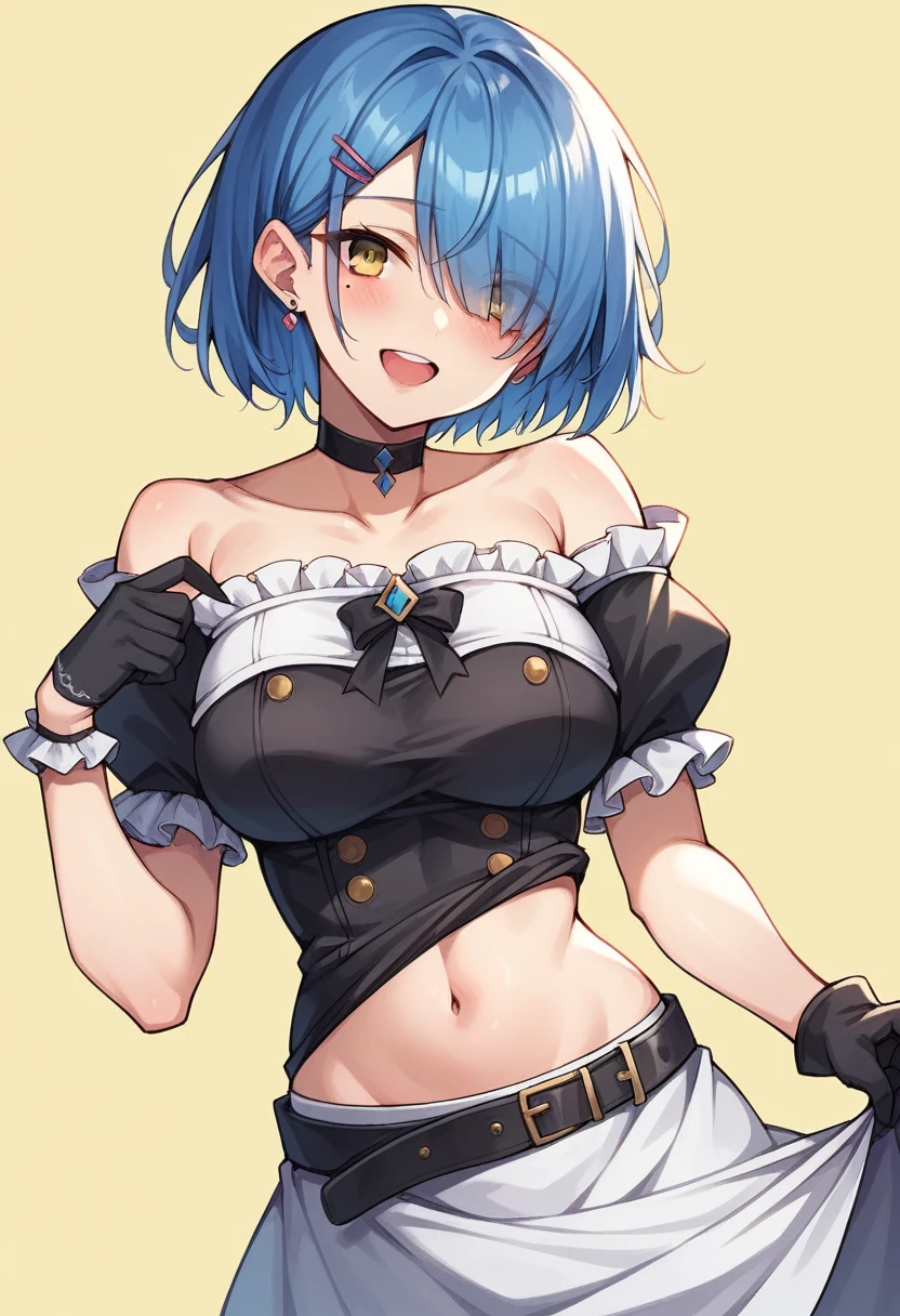 1girl, solo, breasts, looking at viewer, blush, smile, short hair, open mouth, bangs, skirt, simple background, shirt, hair ornament, gloves, bow, navel, bare shoulders, jewelry, medium breasts, underwear, blue hair, collarbone, yellow eyes, short sleeves, :d, cowboy shot, earrings, frills, detached sleeves, teeth, choker, black gloves, hairclip, puffy sleeves, belt, clothes lift, mole, hair over one eye, puffy short sleeves, black shirt, strapless, upper teeth only, black choker, skirt lift, white skirt, lifted by self, frilled sleeves, yellow background, black belt