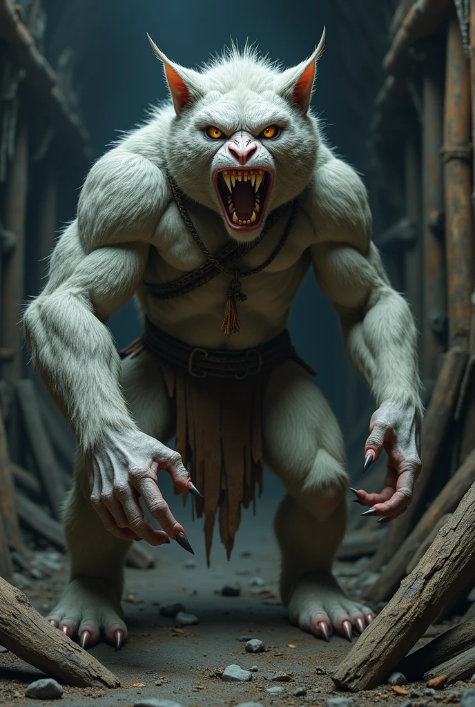 man with light gray skin, bright, feline yellow eyes, face with orangutan features, sharp fangs, With a furious glare, wearing tattered and aged medieval clothing, brawny, large hands and feet with sharp claws, inside an abandoned coal mine, realistic full body photography