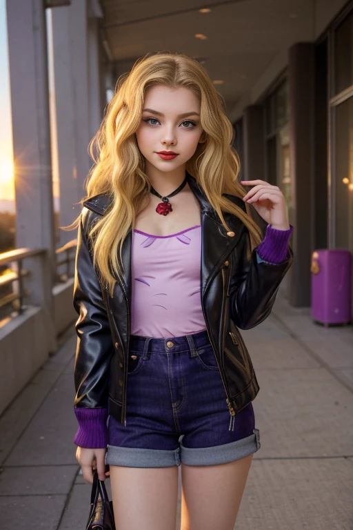 (masterpiece, The best quality:1.2), only, 1 girl , beautiful age girl europea , Caucasian , mlp Adagio Dazzle , cute smug smile , make-up , Red lips , little black jacket , purple casual clothing , the glow of the sunset , 18 years , beautiful teengirl , Teenage l , purple eyes , park , concert  , fluffy blonde hair fluffy blonde hair  , Full body photo 