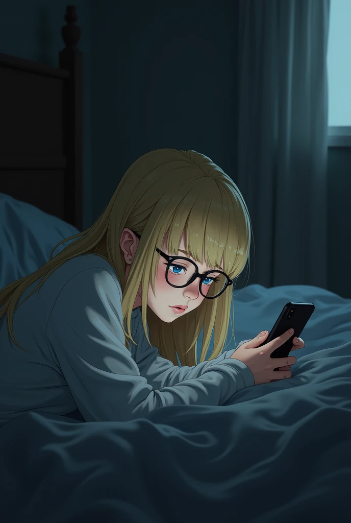 Sad blonde girl with glasses laying down on her phone