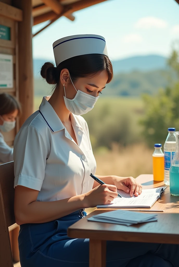 Community nurse in a rural area wearing a white uniform and navy blue pants filling out vaccination forms
