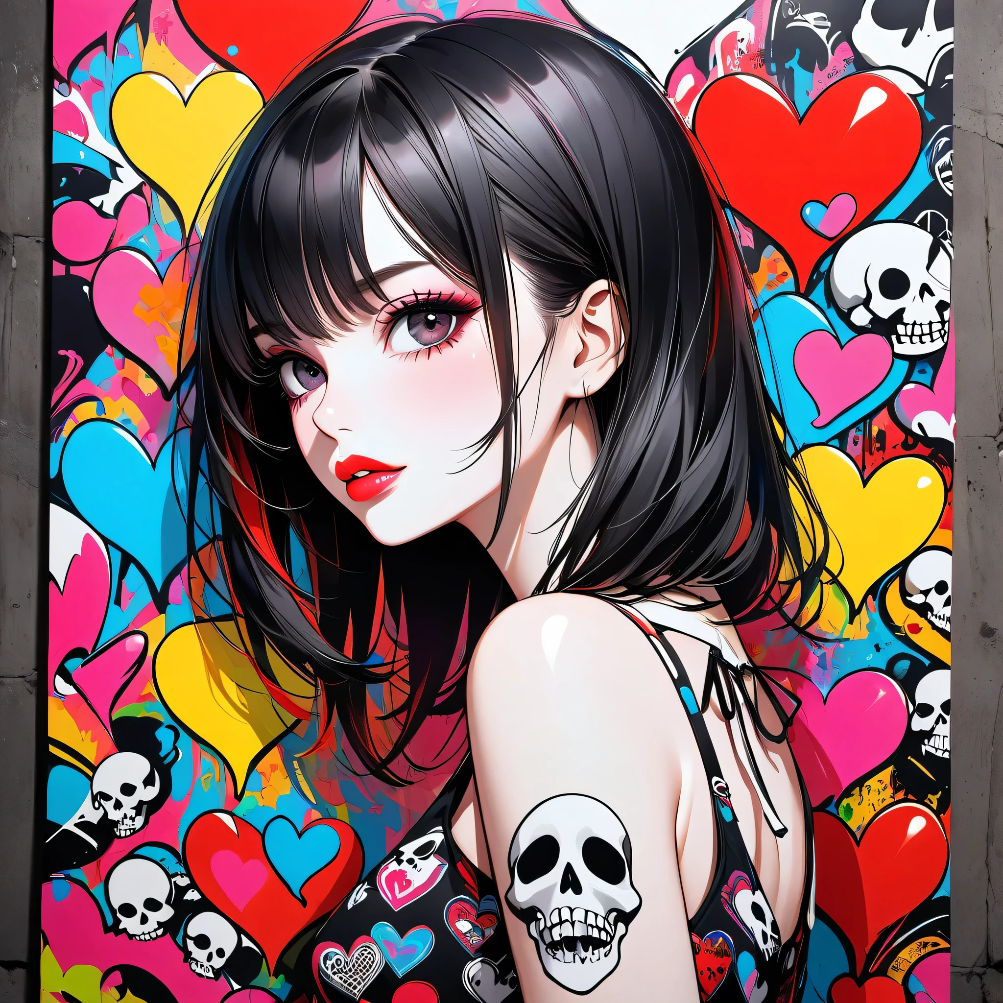 Ultra-realism Black Star Red and White colorful style, Simple Line Initialism,Abstract art,(((The most beautiful girl of all time))), Sweet face. Lips in love, colorful hearts, stylish design, Summer Skull fashion, Dark Eyes, Graffiti on the wal