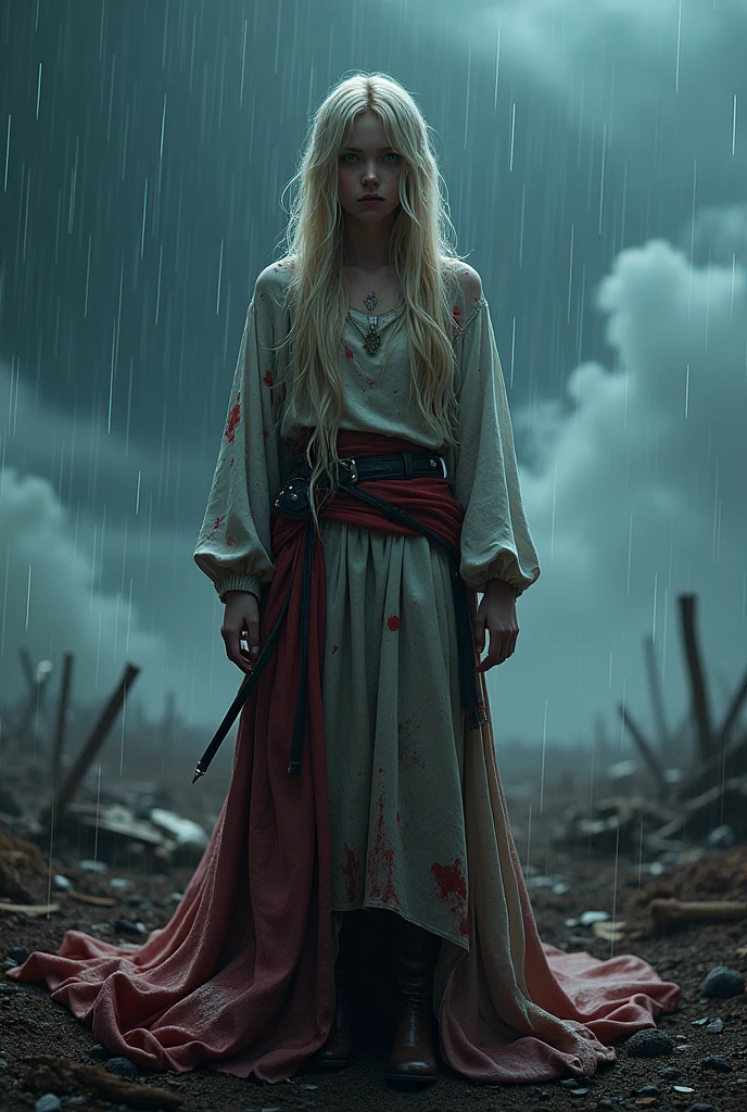 photorealistic, masterpiece, photorealistic, high resolution, soft light, hips up, standing on a deserted battlefield, clothes torn, stained with red paint, night, starry storm, rain, fog, eerie lighting, very long blond hair, blue eyes