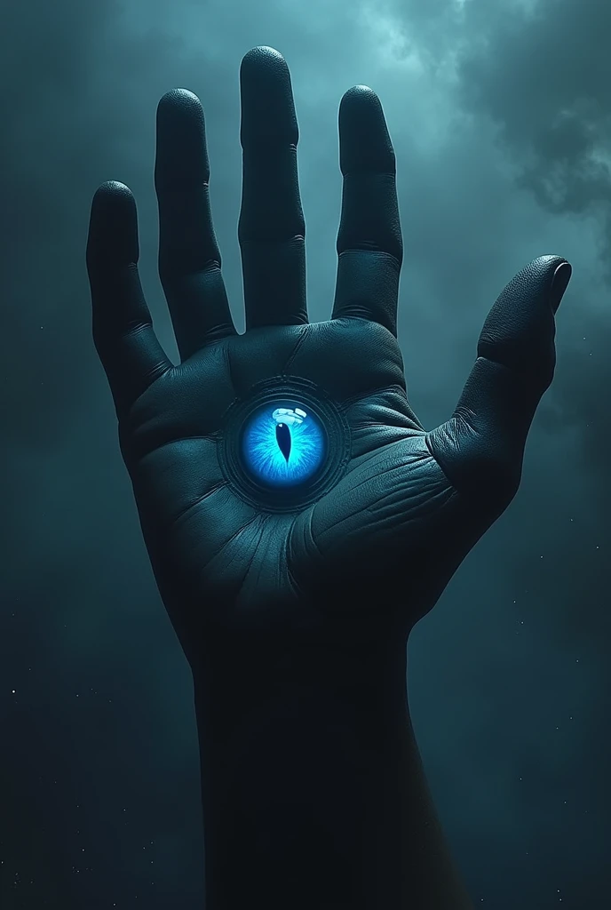 Terrifying space monster in the shape of a hand. It is giant and floats through space. It is black.. It has a large eyelidless eye in the palm of its hand., blue in color and with a piercing gaze. The fingers are long and twisted, looking up. It has no wrist or any other part of the arm. only the hand